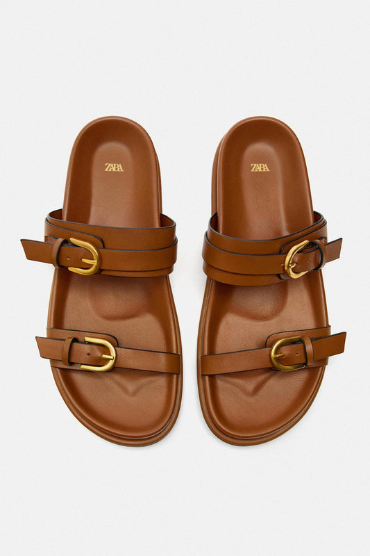 Flat slippers double buckle