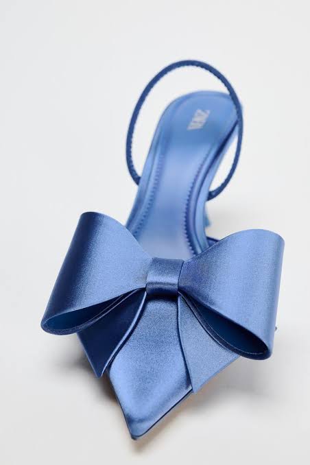 Satin Blue Slingback Heels With Bow Accent