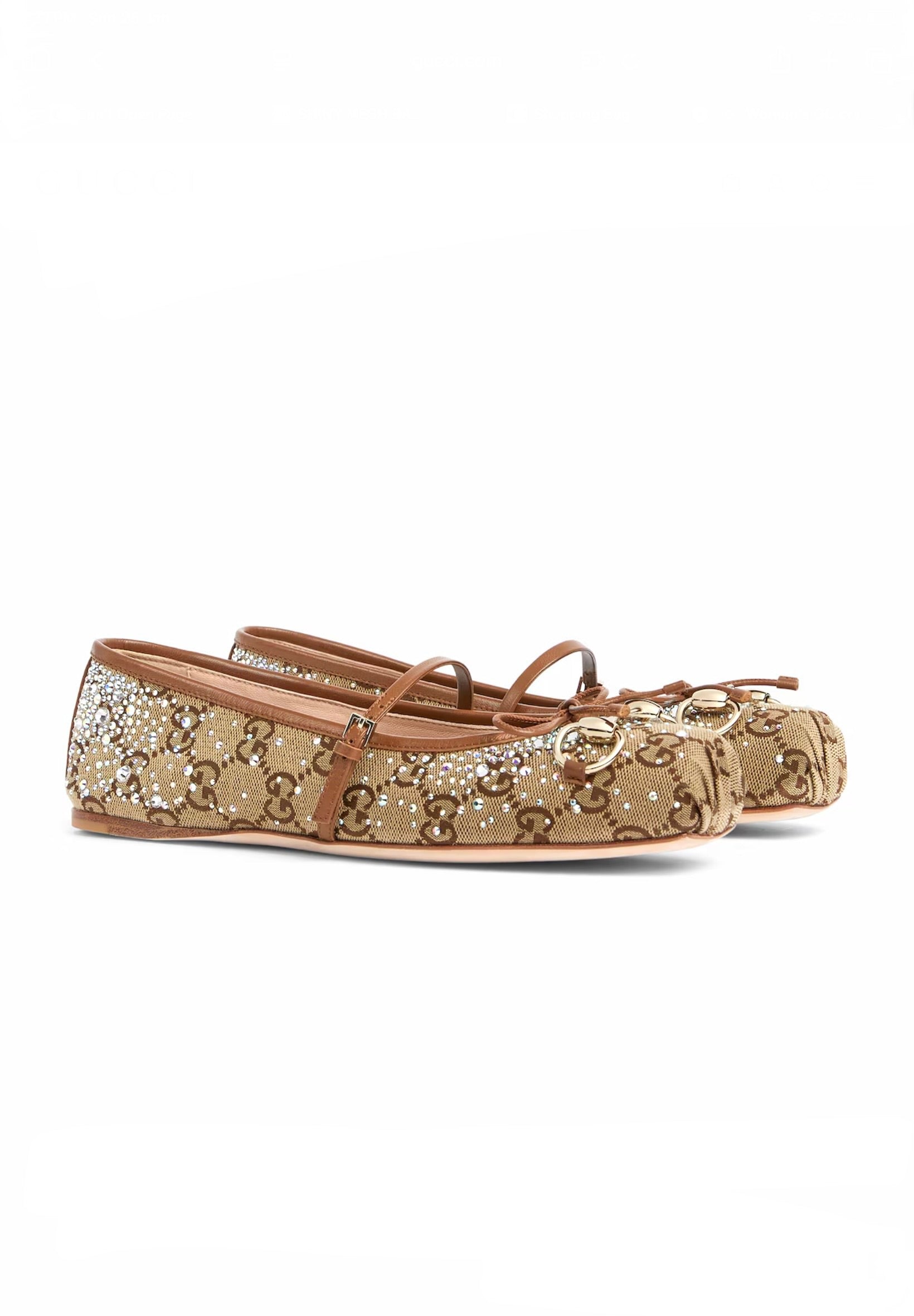 Women's GG crystal Gucci Horsebit ballet flat in beige and dark brown GG canvas