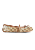 Women's GG crystal Gucci Horsebit ballet flat in beige and dark brown GG canvas