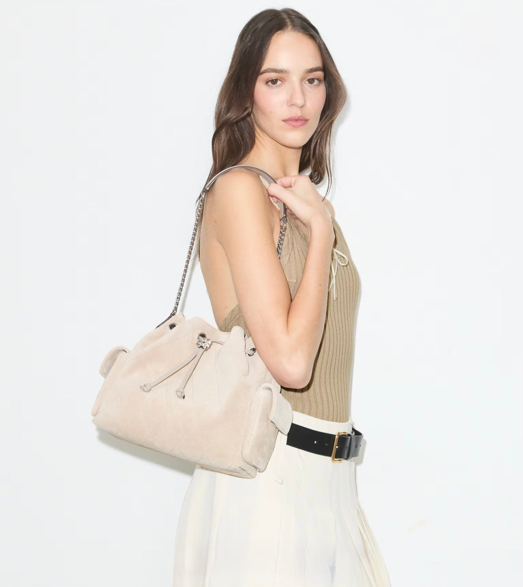 CHARLIE QUILTED DENIM DRAWSTRING SHOULDER BAG