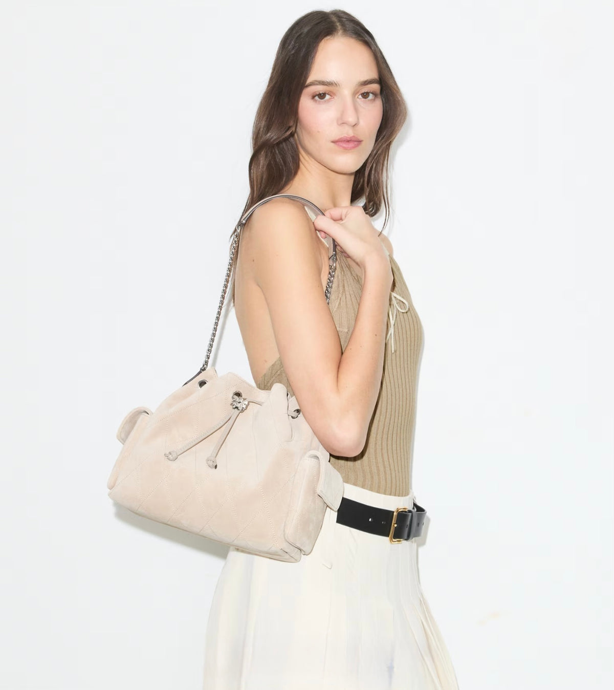 CHARLIE QUILTED DENIM DRAWSTRING SHOULDER BAG