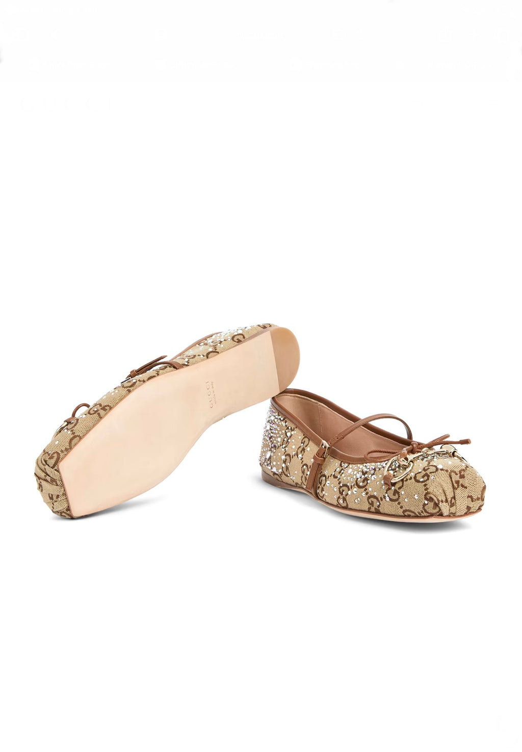 Women's GG crystal Gucci Horsebit ballet flat in beige and dark brown GG canvas