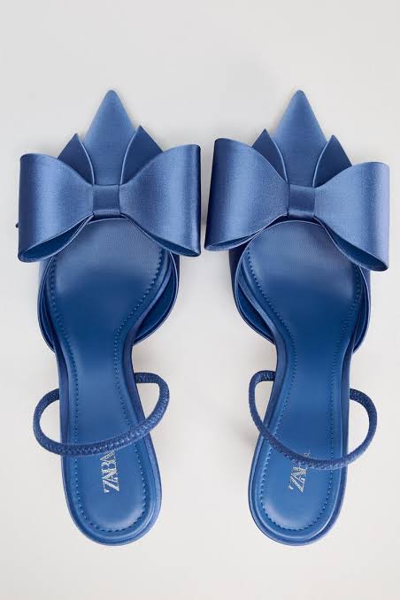 Satin Blue Slingback Heels With Bow Accent