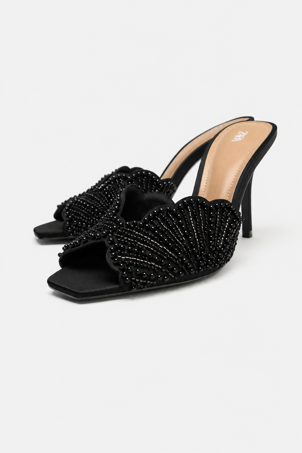 FAUX PEARL BACKLESS BLACK HEEL SANDALS