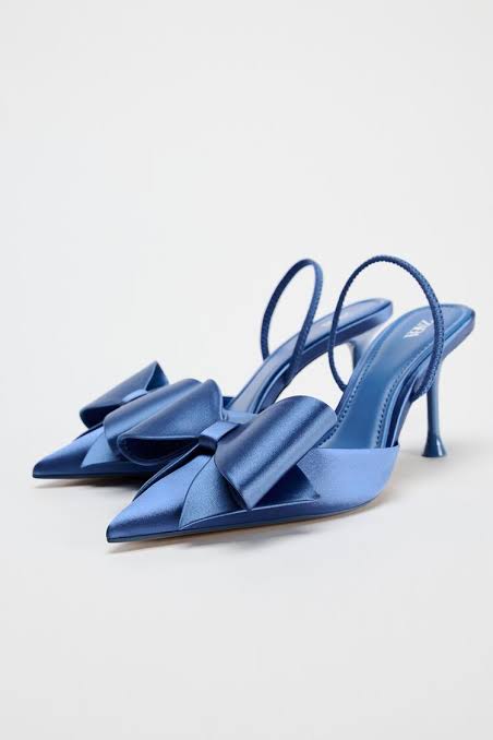 Satin Blue Slingback Heels With Bow Accent