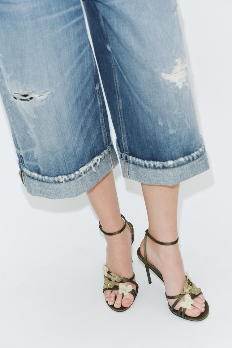 SATIN-EFFECT SANDALS WITH APPLIQUÉS