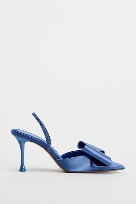 Satin Blue Slingback Heels With Bow Accent