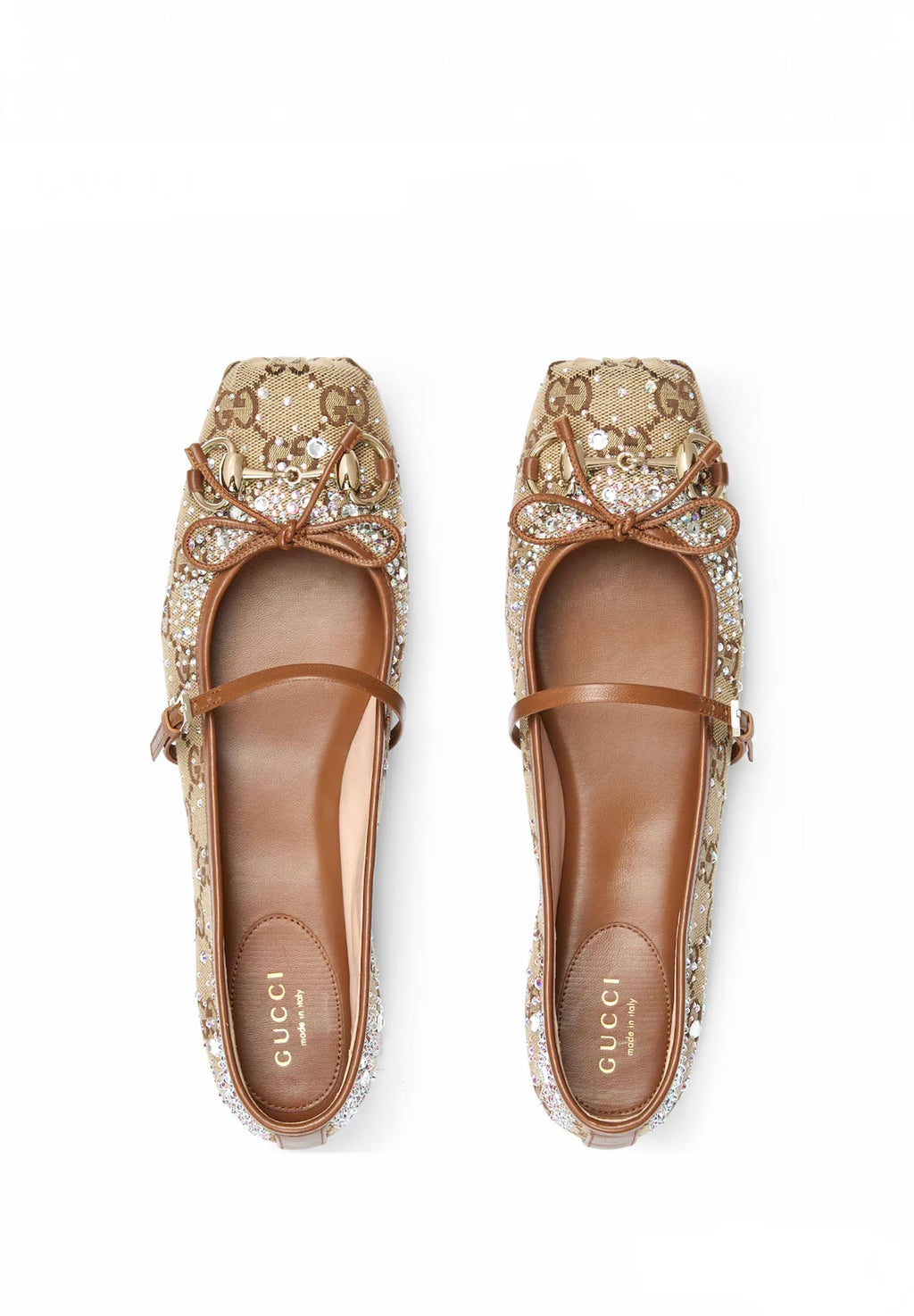 Women's GG crystal Gucci Horsebit ballet flat in beige and dark brown GG canvas