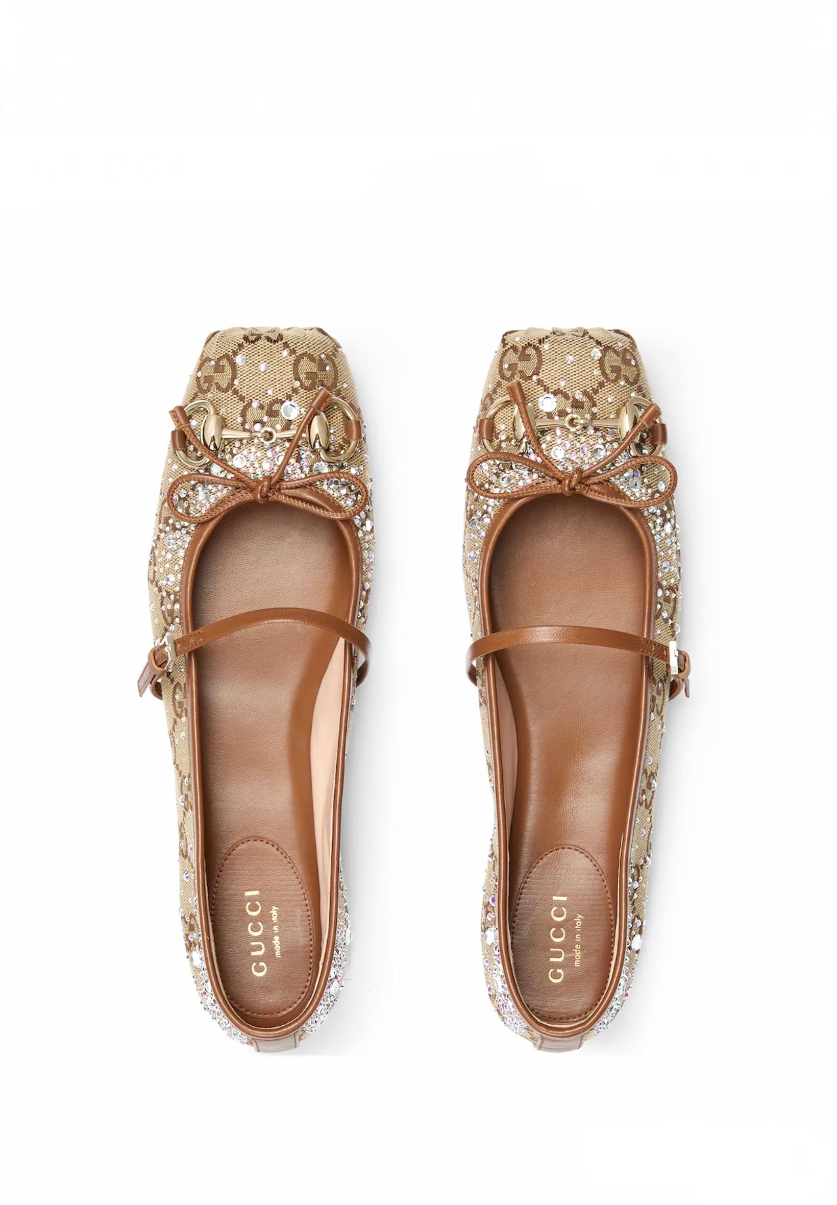 Women's GG crystal Gucci Horsebit ballet flat in beige and dark brown GG canvas
