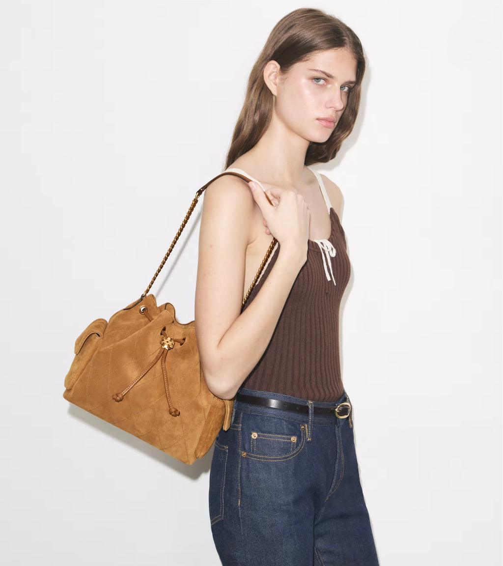 CHARLIE QUILTED DENIM DRAWSTRING SHOULDER BAG