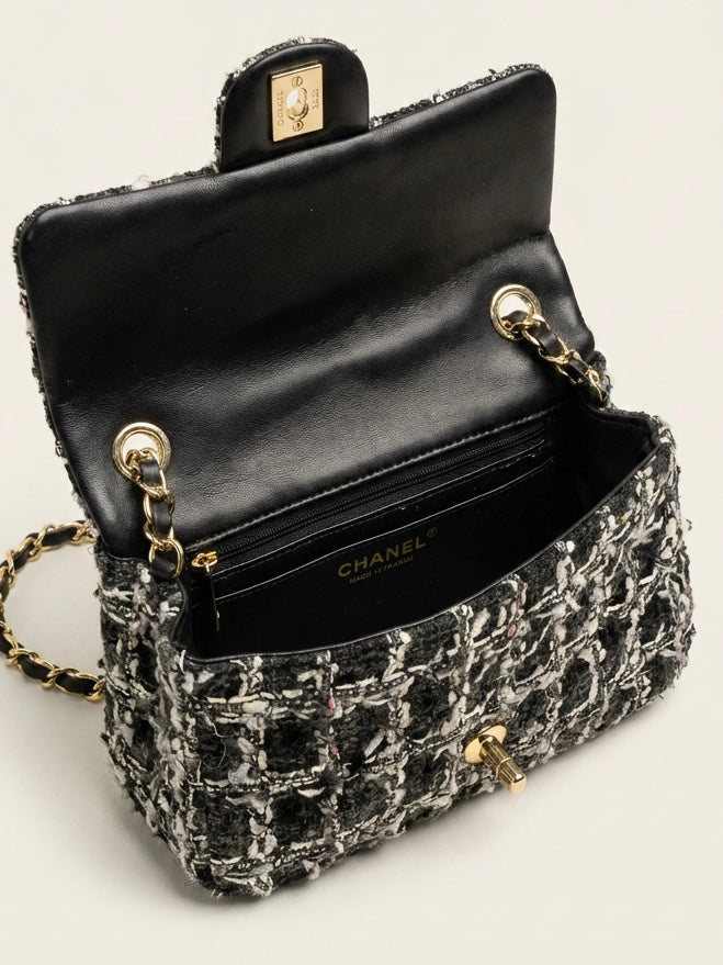 CHANEL Tweed Sequin Quilted Mini Rectangular Flap