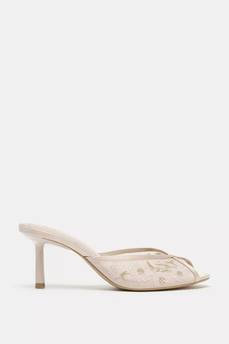 MESH EMBROIDERED MULE HEELS