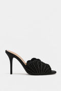 FAUX PEARL BACKLESS BLACK HEEL SANDALS