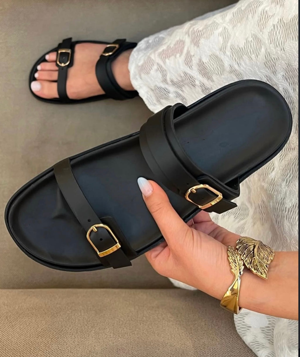 Flat slippers double buckle