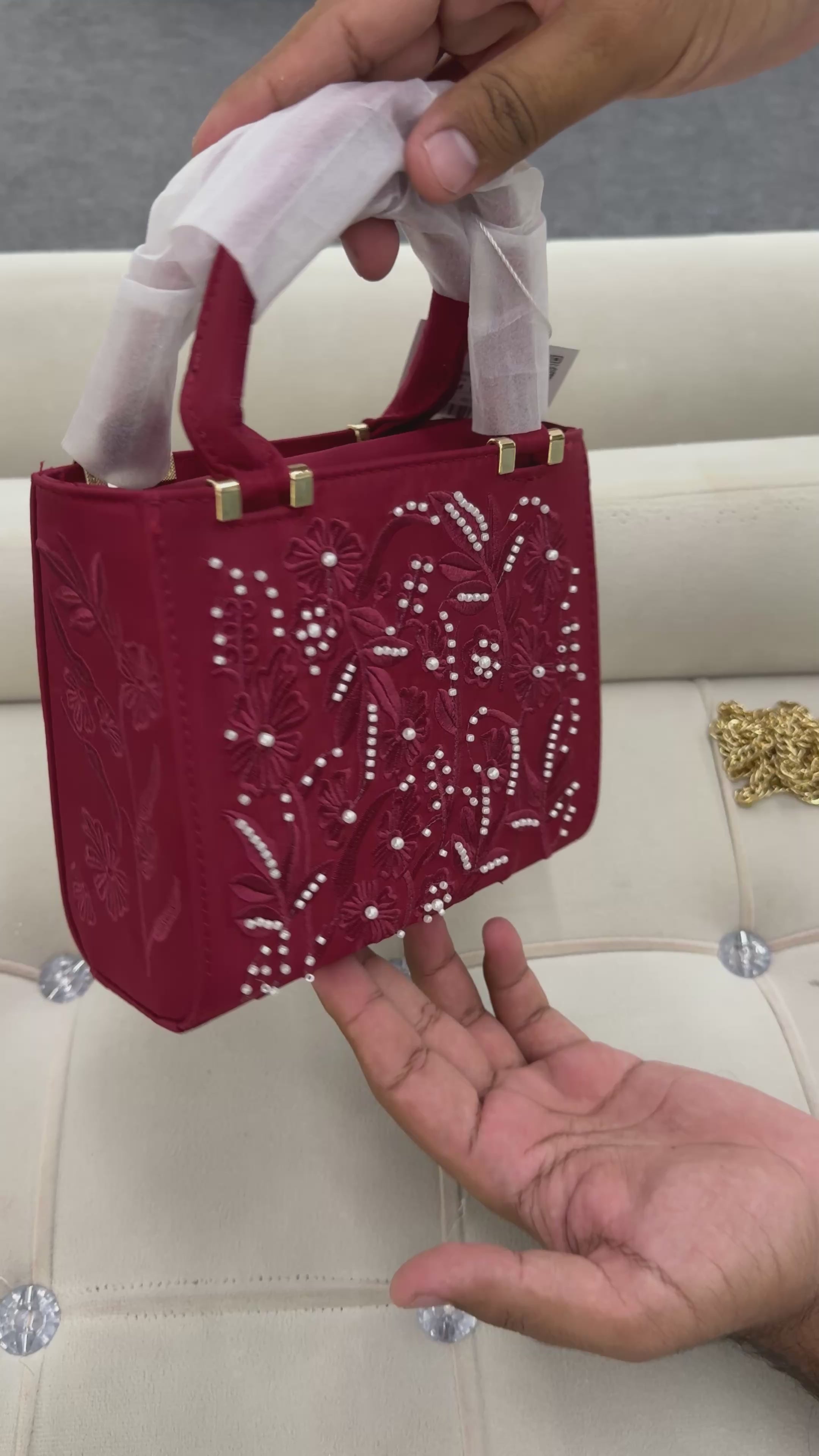SATIN-EFFECT PEARL HANDBAG