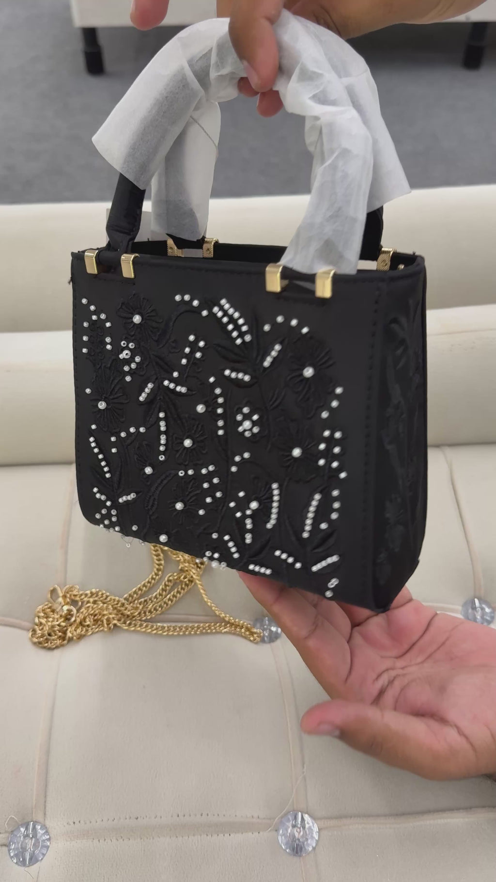 SATIN-EFFECT PEARL HANDBAG